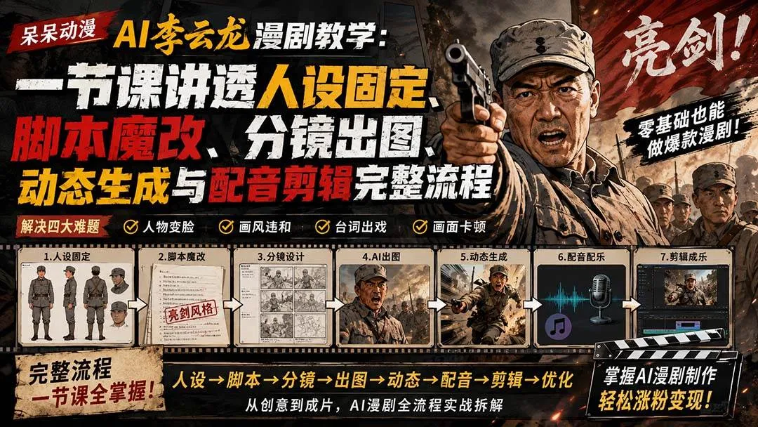 (20107期)呆呆动漫AI李云龙漫剧教学:一节课讲透人设固定、脚本魔改、分镜出图、动态生成与配音剪辑完整流程-706资源网
