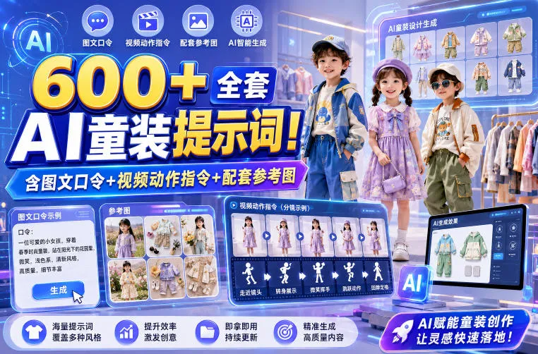 600+全套AI童装提示词！含图文口令+视频动作指令+配套参考图，Word-Excel规整分类，童装电商、种草无脑量产内容！-706资源网