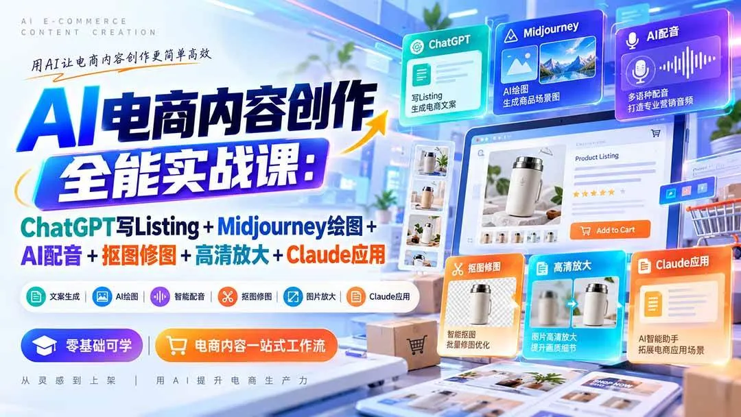 (20770期)【无水印】AI电商内容创作全能实战课:ChatGPT写Listing+Midjourney绘图+AI配音+抠图修图+高清放大+Claude应用-706资源网