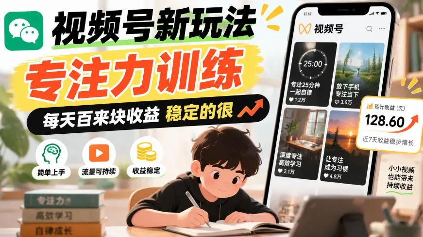 视频号新玩法专注力训练,每天百来块收益稳定的很-706资源网