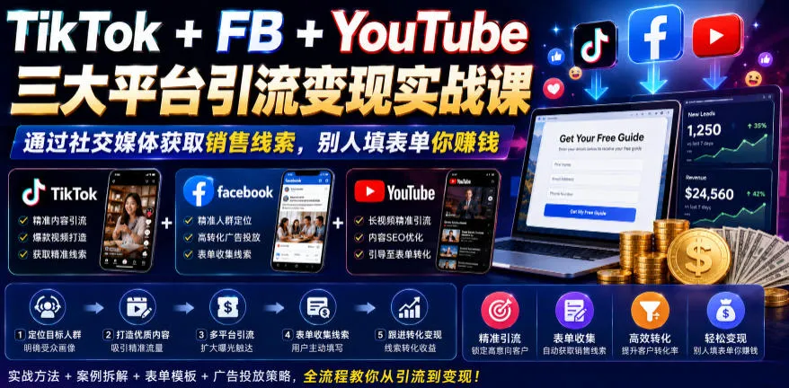 TikTok+FB+YouTube三大平台引流变现实战课,通过社交媒体获取销售线索,别人填表单你賺钱【原创双语字幕】-706资源网