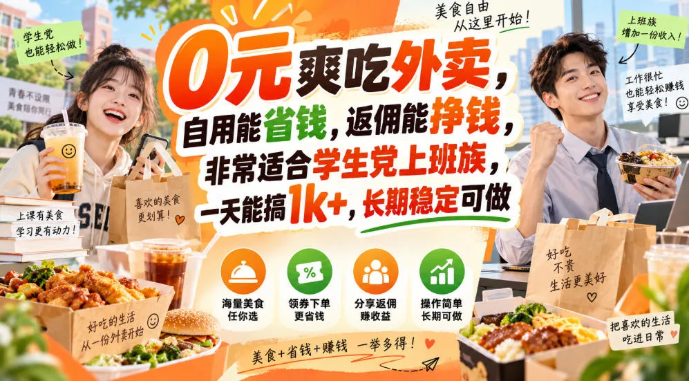 0元爽吃外卖,自用能省钱,返佣能挣钱,非常适合学生党上班族,一天能搞1k+,长期稳定可做
