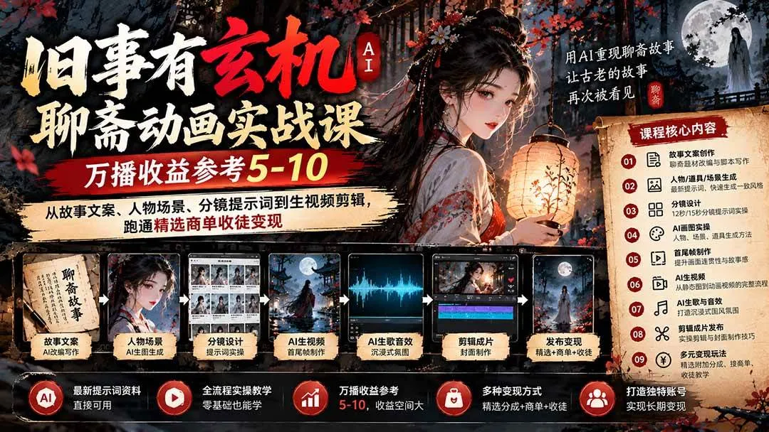 （20789期）旧事有玄机AI聊斋动画实战9月新课：万播收益参考5-10，从故事文案、人物场景到分镜生视频，跑通精选商单收徒-706资源网