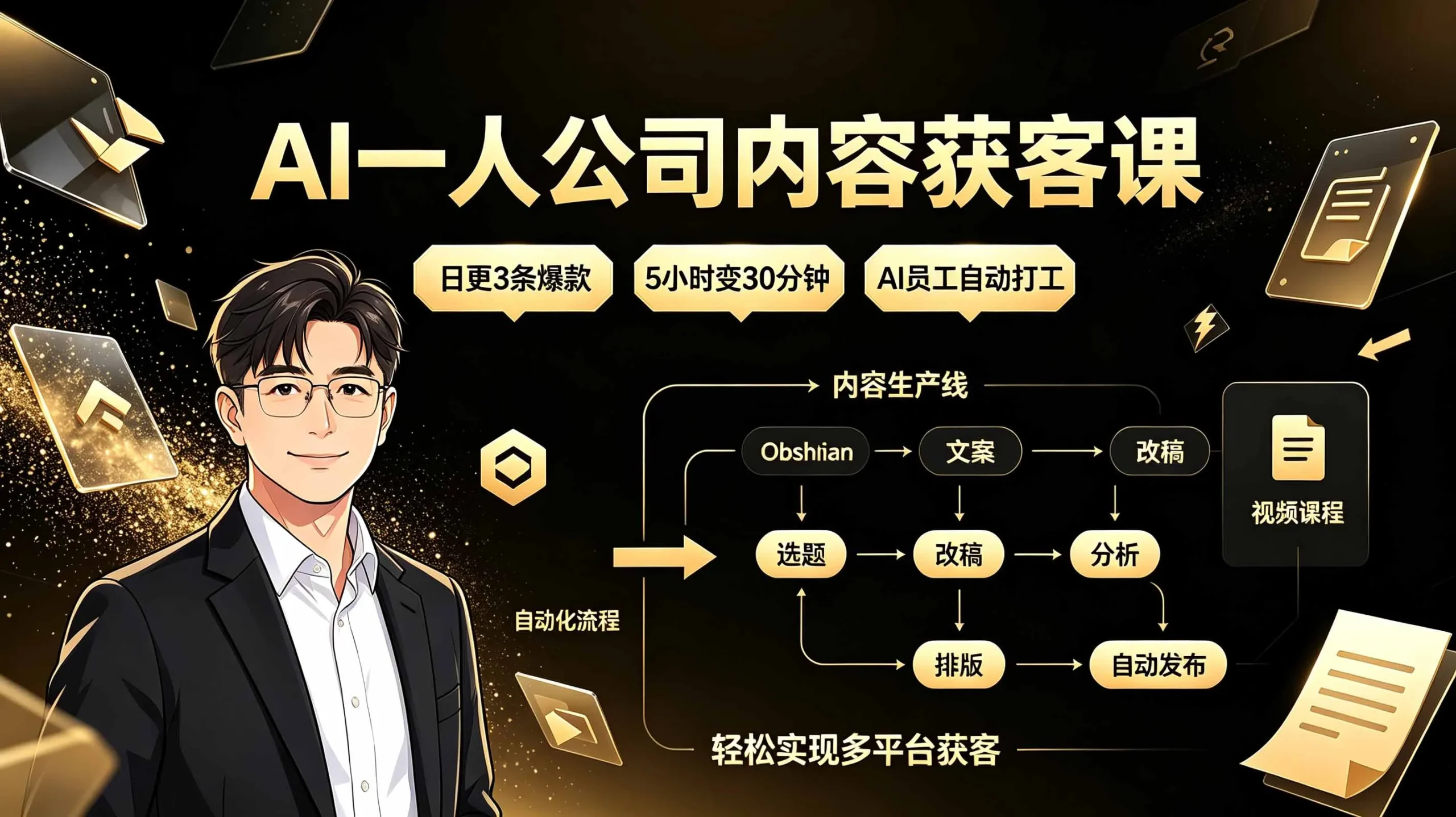 AI一人公司内容获客课：日更3条爆款×5小时变30分钟×AI员工自动打工，轻松实现多平台获客-706资源网