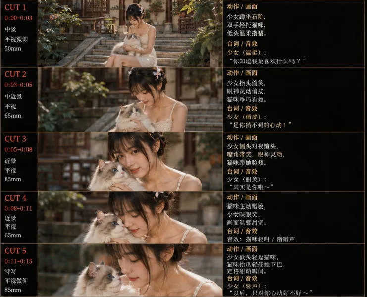 美女和猫故事提示词,人物一致性提示词+故事板-706资源网