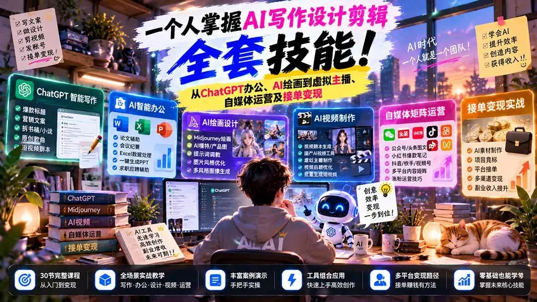 (21029期)一个人掌握AI写作设计剪辑全套技能:从ChatGPT办公、AI绘画到虚拟主播、自媒体运营及接单变现-706资源网