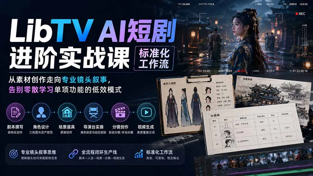 LibTV AI短剧进阶实操课标准化工作流；从素材创作走向专业镜头叙事，告别零散学习单项功能的低效模式-706资源网