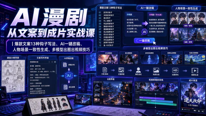 AI漫剧从文案到成片实战课｜爆款文案13种钩子写法、AI一键改稿、人物场景一致性生成、多模型出图出视频技巧-706资源网
