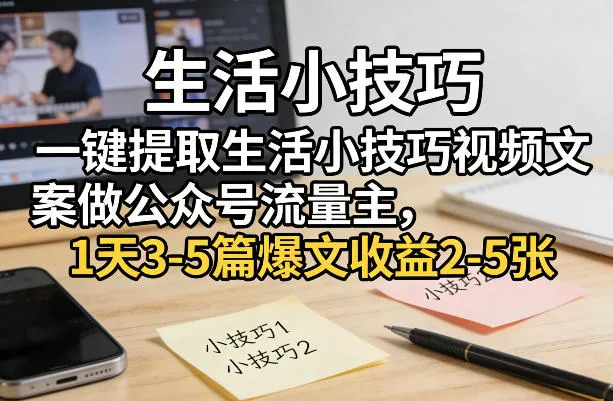 一键提取生活小技巧视频文案做公众号流量主，1天3-5篇爆文收益2-5张-706资源网