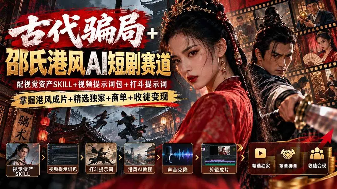 (20684期)古代骗局+邵氏港风AI短剧赛道:配视觉资产SKILL+视频提示词包+打斗提示词,掌握港风成片+精选独家+商单+收徒变现-706资源网