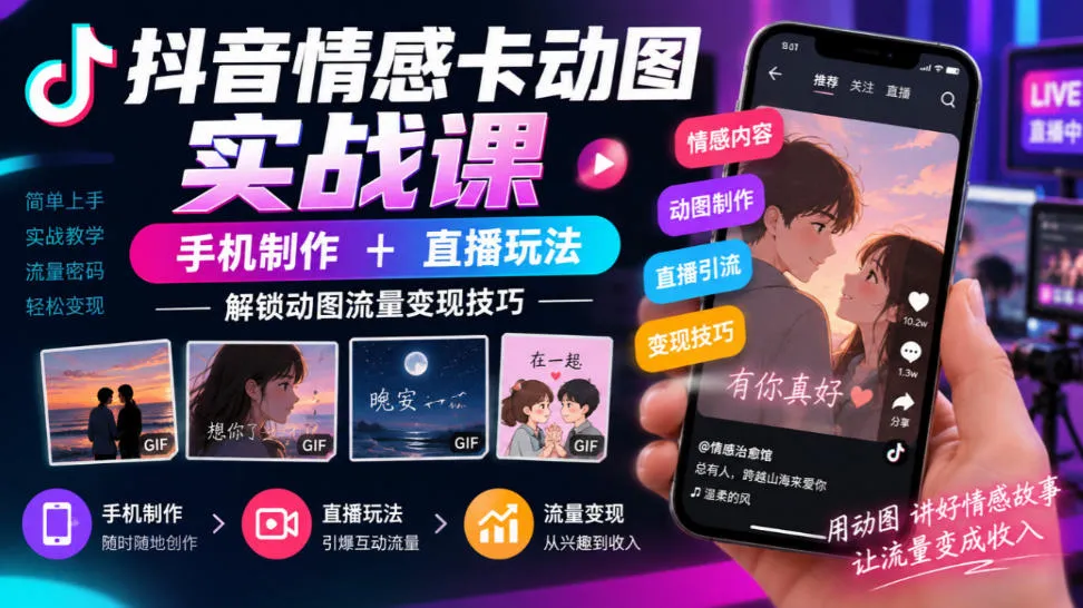 抖音情感卡动图实战课｜手机制作+直播玩法，解锁动图流量变现技巧-706资源网