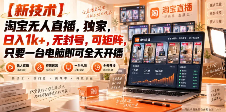 【独家新技术】淘宝无人直播，日入1k+，无封号，可矩阵，只要一台电脑即可全天开播【揭秘】-706资源网