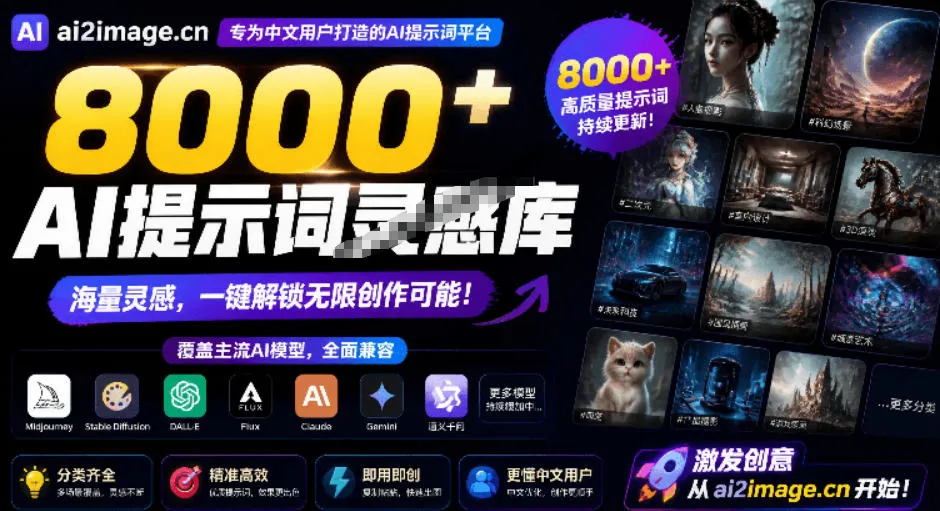 8000+AI提示词灵感库,覆盖图像生成和AI视频两大方向!专为中文创作者设计,完全免费使用AI2Image