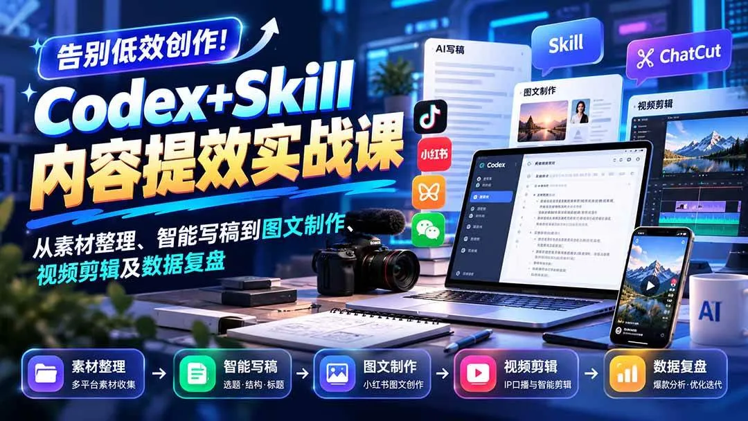 (20915期)【无水印】告别低效创作!Codex+Skill内容提效实战课:从素材整理、智能写稿到图文制作、视频剪辑及数据复盘 (20915期)【无水印】告别低效创作!Codex+Skill内容提效实战课:从素材整理、智能写稿到图文制作、视频剪辑及数据复盘