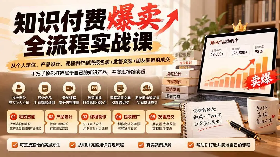 (20787期)【无水印】知识付费爆卖全流程实战课:从个人定位、产品设计、课程制作到海报包装+发售文案+朋友圈造浪成交-706资源网