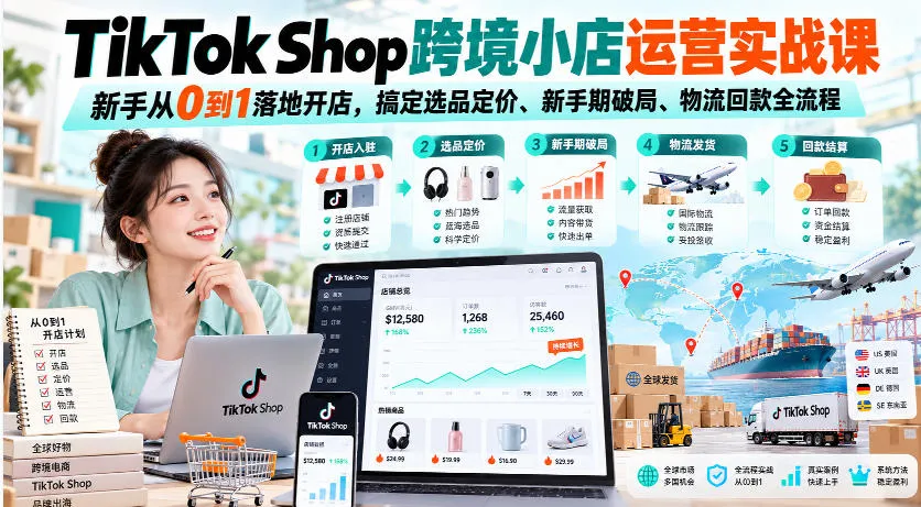 TikTok Shop跨境小店运营实战课，新手从0到1落地开店，搞定选品定价、新手期破局、物流回款全流程-706资源网
