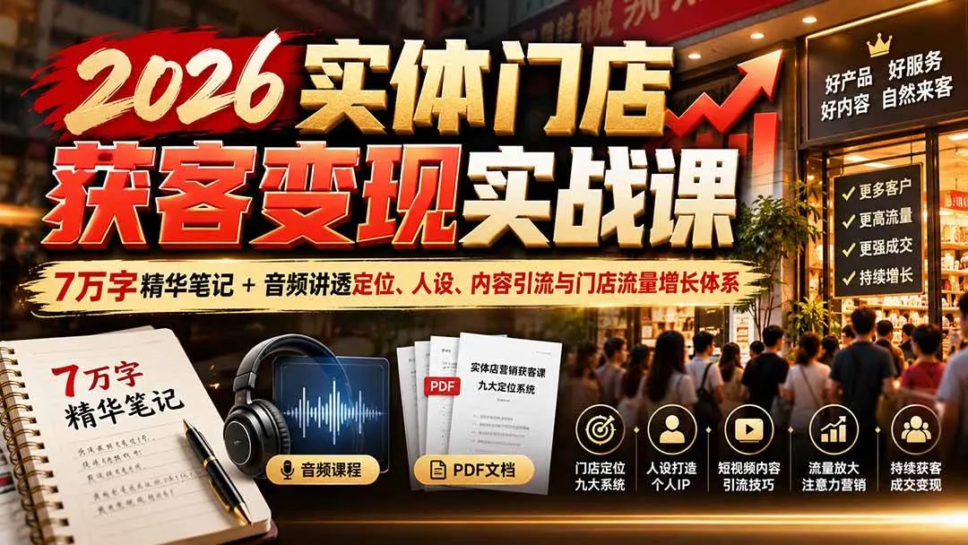 （20832期）2026实体门店获客变现实战课：7万字精华笔记+音频讲透定位、人设、内容引流与门店流量增长体系-706资源网