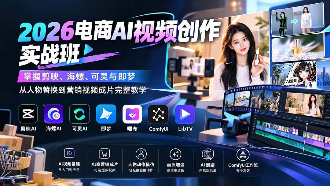 (20466期)2026电商AI视频创作实战班:掌握剪映、海螺、可灵与即梦,从人物替换到营销视频成片完整教学-706资源网