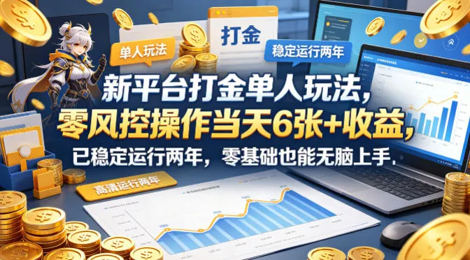 新平台打金单人玩法，零风控操作当天6张+收益，已稳定运行两年，零基础也能无脑上手【揭秘】-706资源网