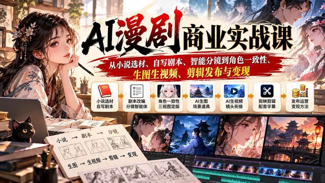 （20811期）AI漫剧商业实战课：从小说选材、自写剧本、智能分镜到角色一致性、生图生视频、剪辑发布与变现-706资源网
