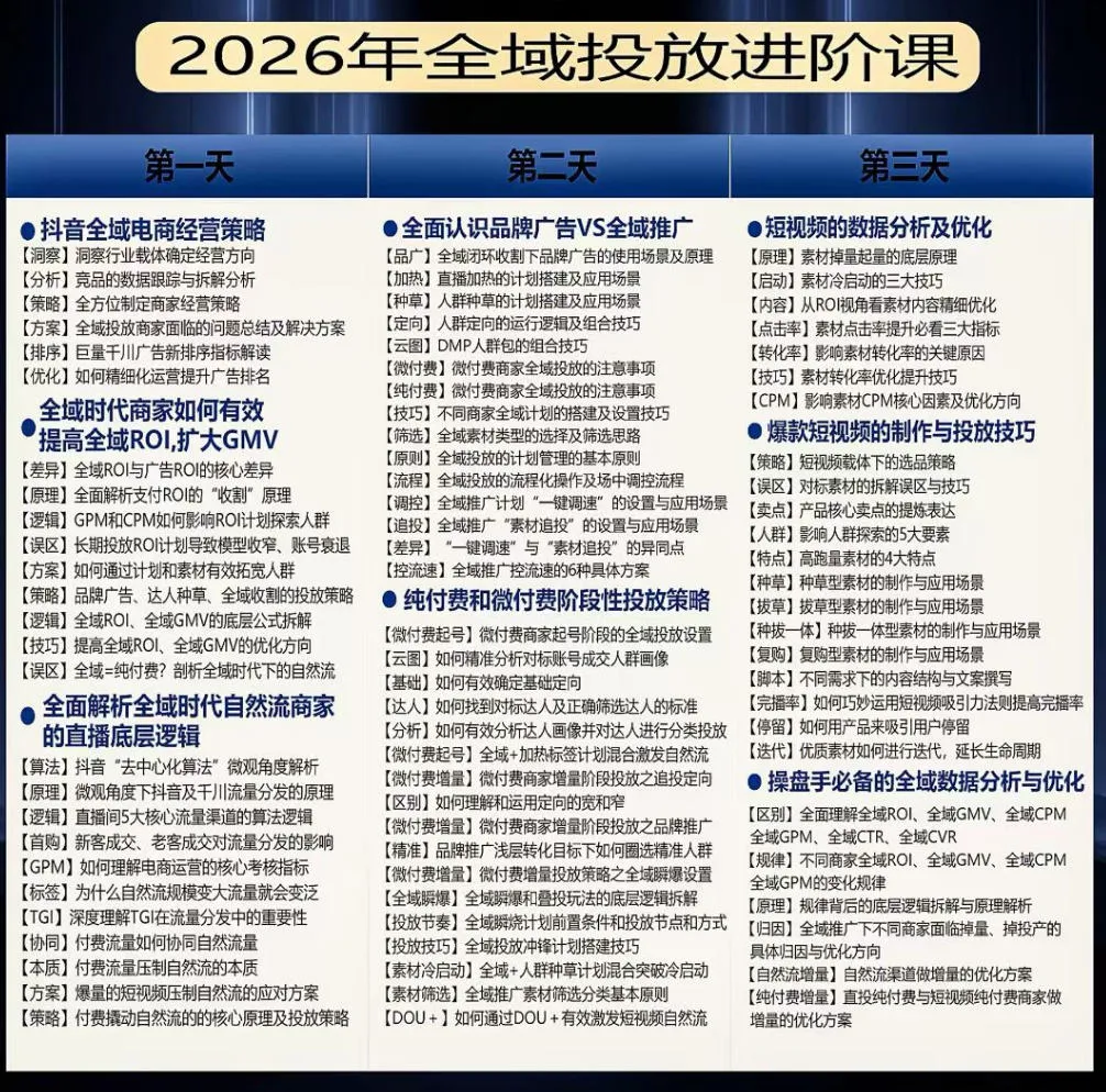 千川扫地僧2026抖音全域投放进阶课，少走弯路·快速起量·掌控增长，6月12-14号杭州线下课-706资源网