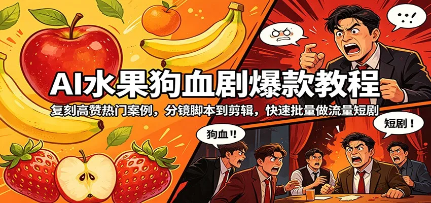 AI水果狗血剧爆款教程：复刻高赞热门案例，分镜脚本到剪辑，快速批量做流量短剧-706资源网