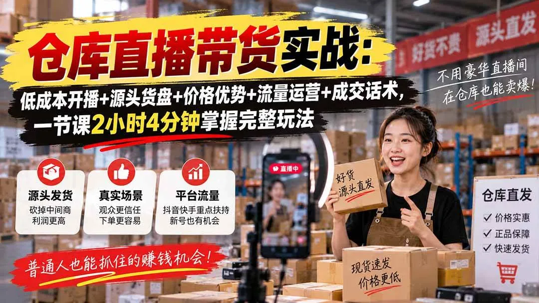 （20471期）仓库直播带货实战：低成本开播+源头货盘+价格优势+流量运营+成交话术，一节课2小时4分钟掌握完整玩法-706资源网