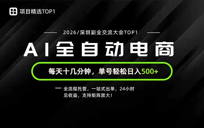 副业精选TOP1，全流程托管，24小时见收益，单号轻松日入500+-706资源网