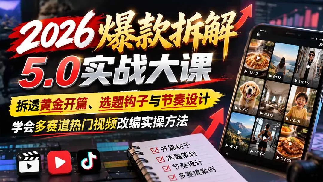 （21110期）2026爆款拆解5.0实战大课：拆透黄金开篇、选题钩子与节奏设计，学会多赛道热门视频改编实操方法