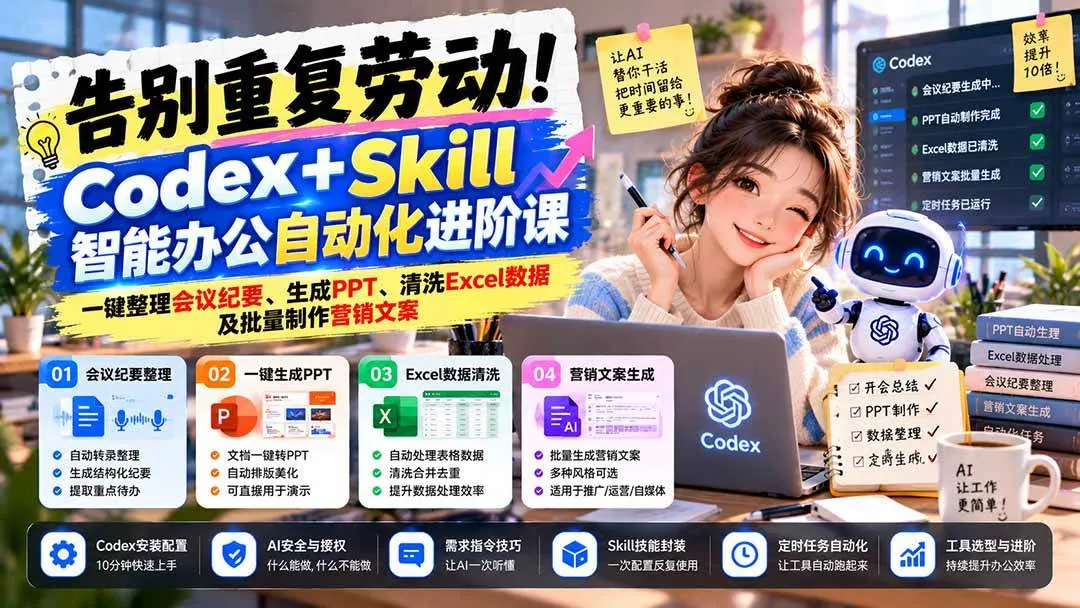 (21001期)告别重复劳动!Codex+Skill智能办公自动化进阶课:一键整理会议纪要、生成PPT、清洗Excel数据及批量制作营销文案-706资源网