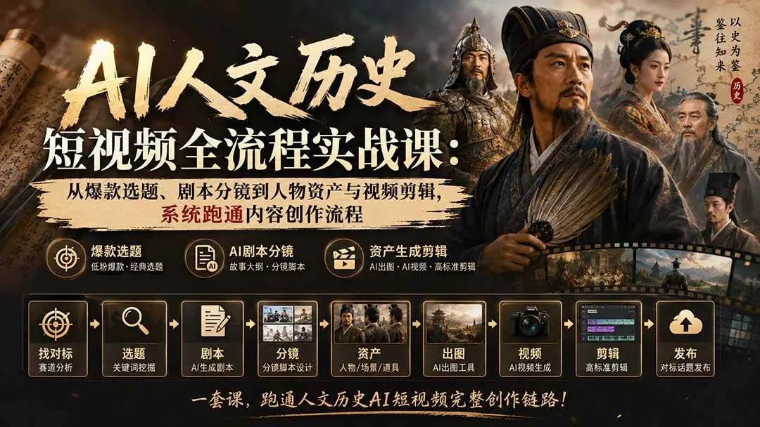 （20476期）AI人文历史短视频全流程实战课-更新：从爆款选题、剧本分镜到人物资产与视频剪辑，系统跑通内容创作流程