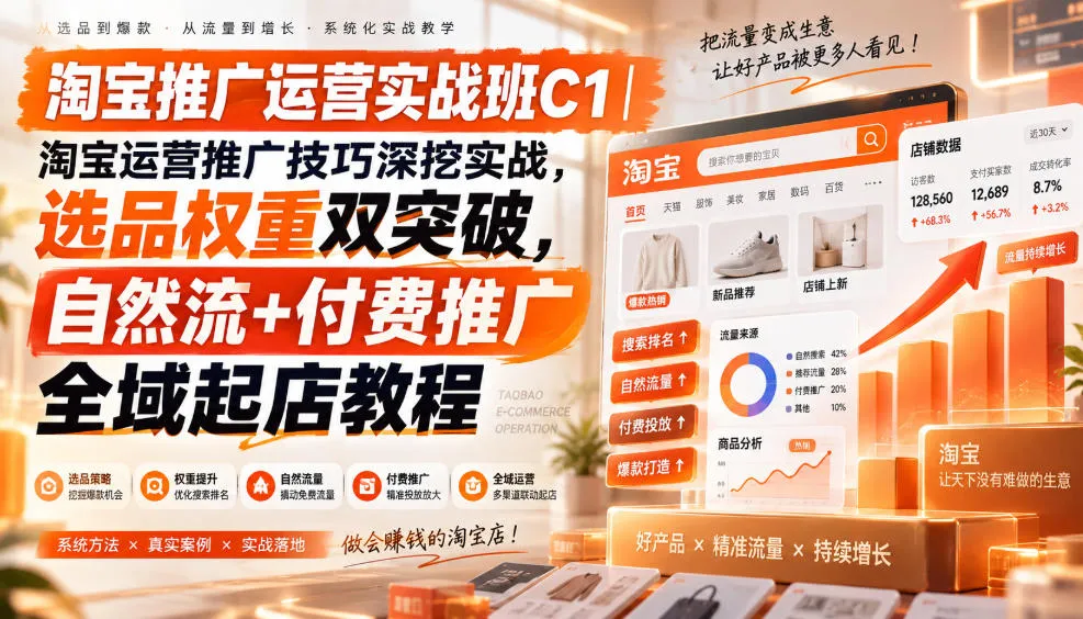 淘宝推广运营实战班C1｜淘宝运营推广技巧深挖实战，选品权重双突破，自然流+付费推广全域起店教程-706资源网