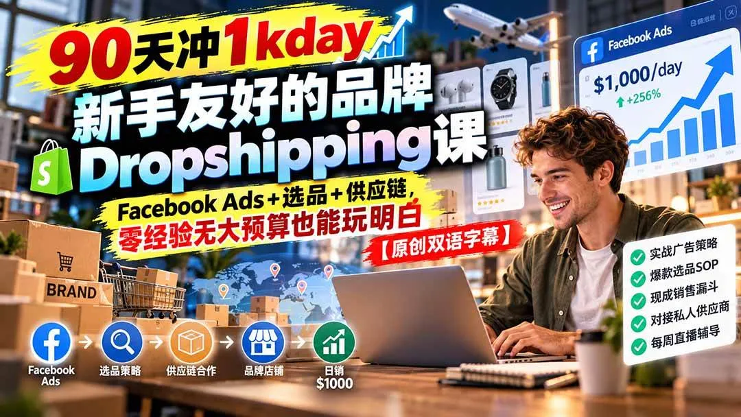（20738期）90天冲1kday 新手友好的品牌Dropshipping课：Facebook Ads+选品+供应链，零经验无大预算也能玩明白【原创双语字幕】-706资源网