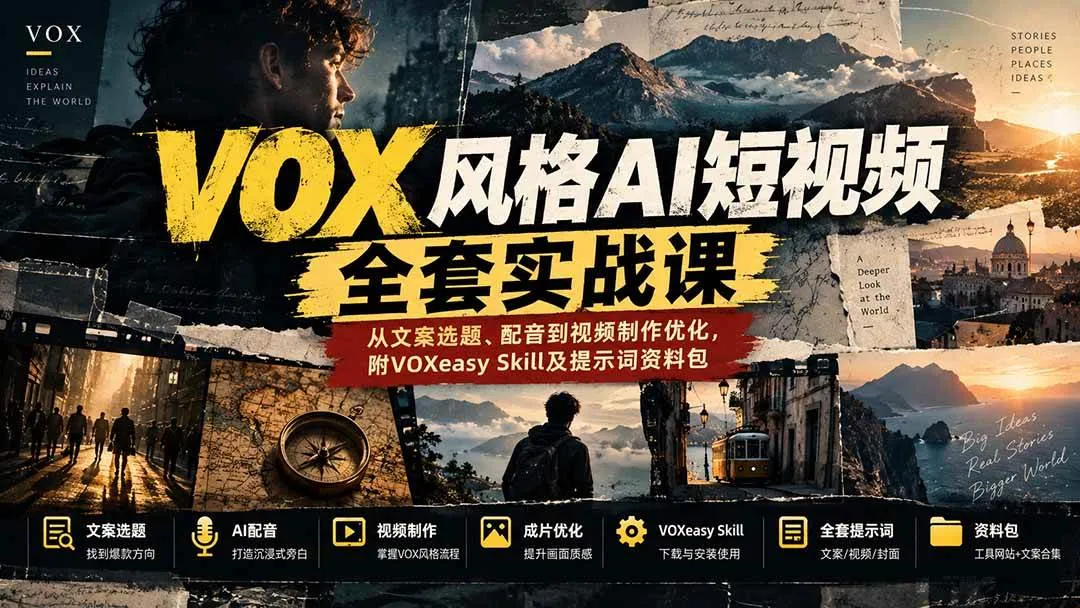 (20677期)【无水印】VOX风格AI短视频全套实战课:从文案选题、配音到视频制作优化,附VOXeasy Skill及提示词资料包-706资源网