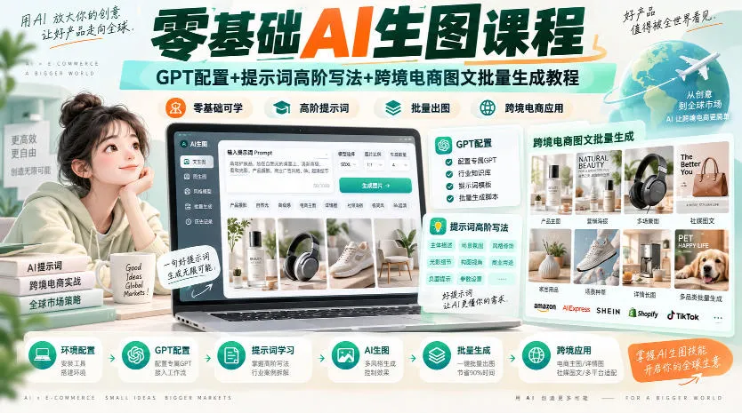 零基础AI生图课程,GPT配置+提示词高阶写法+跨境电商图文批量生成教程-706资源网