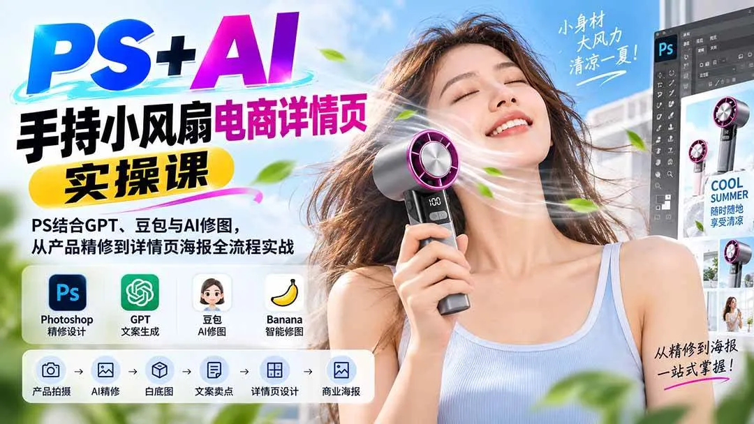 （20273期）PS+AI手持小风扇电商详情页实操课：PS结合GPT、豆包与AI修图，从产品精修到详情页海报全流程实战-706资源网