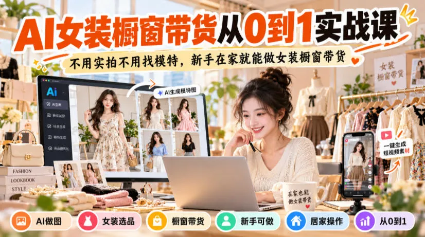 AI女装橱窗带货从0到1实战课，不用实拍不用找模特，新手在家就能做女装橱窗带货-706资源网