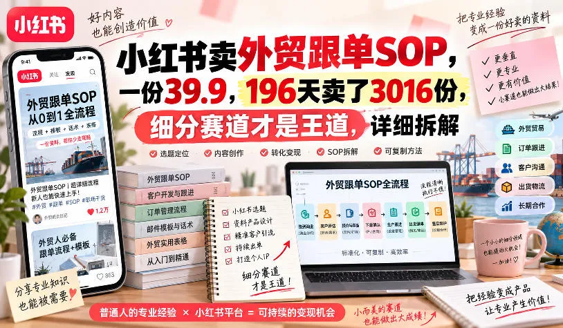 小红书卖外贸跟单sop，一份39.9，196天卖了3016份，细分赛道才是王道，详细拆解-706资源网