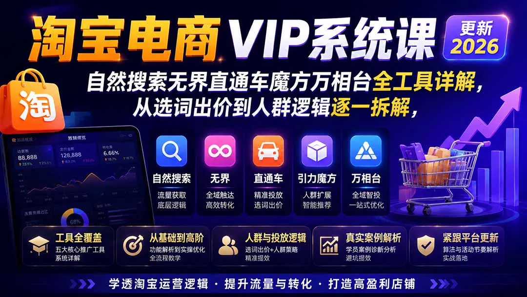 淘宝电商VIP系统课-更新8月；自然搜索无界直通车魔方万相台全工具详解，从选词出价到人群逻辑逐一拆解-706资源网