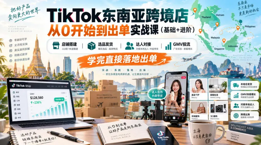 TikTok东南亚跨境店从0开始到出单实战课(基础+进阶),店铺搭建、选品发货、达人对接、GMV投流,学完直接落地出单-706资源网