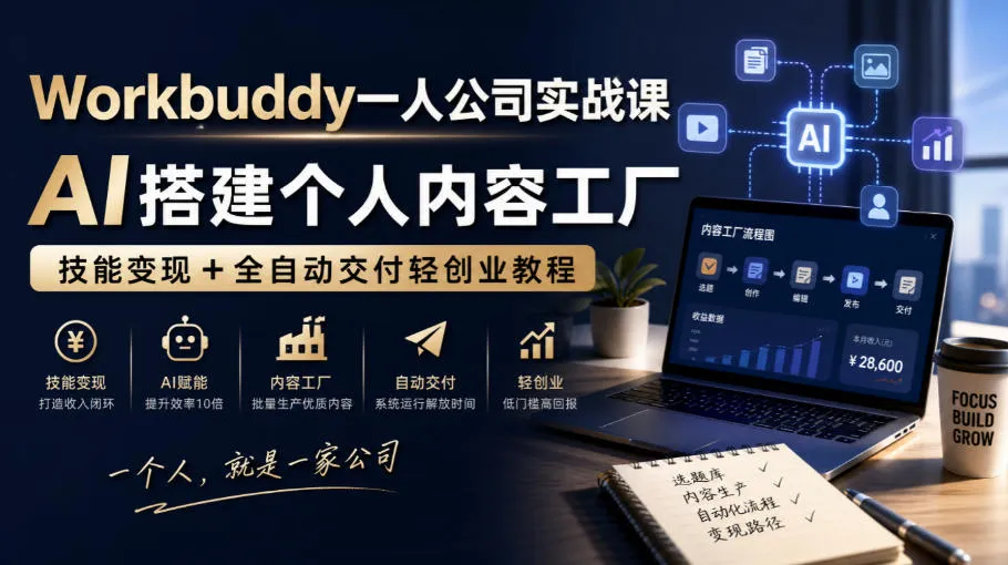 Workbuddy一人公司实战课，AI搭建个人内容工厂，技能变现+全自动交付轻创业教程-706资源网