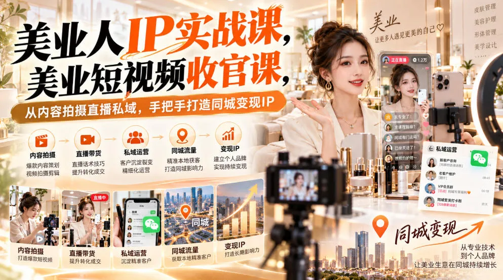 【无水印】美业人IP实战课,美业短视频收官课,从内容拍摄直播私域,手把手打造同城变现IP-706资源网