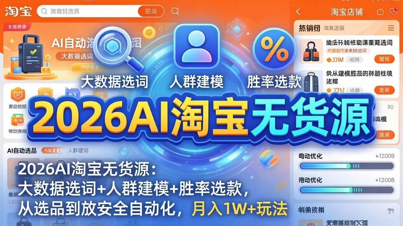 2026AI淘宝无货源：大数据选词+人群建模+胜率选款，从选品到放大全自动化，月入1W+玩法-706资源网