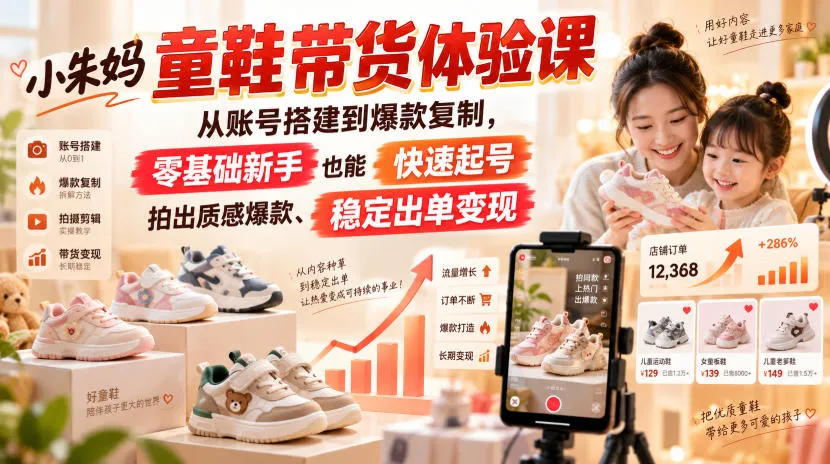 小朱妈童鞋带货体验课，从账号搭建到爆款复制，零基础新手也能快速起号、拍出质感爆款、稳定出单变现-706资源网