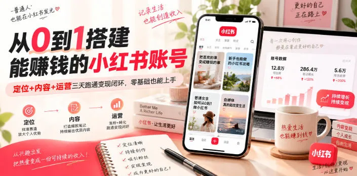 从0到1搭建能賺钱的小红书账号，定位+内容+运营三天跑通变现闭环-706资源网