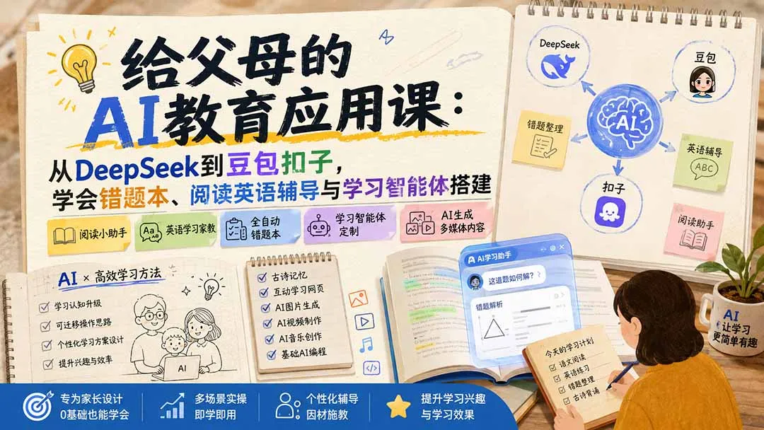 给父母的AI教育应用课:从DeepSeek到豆包扣子,学会错题本、阅读英语辅导与学习智能体搭建-706资源网