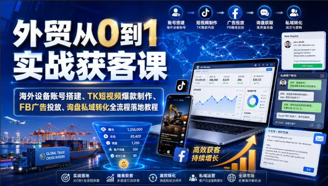外贸从0到1实战获客课｜海外设备账号搭建、TK短视频爆款制作、FB广告投放、询盘私域转化全流程落地教程-706资源网