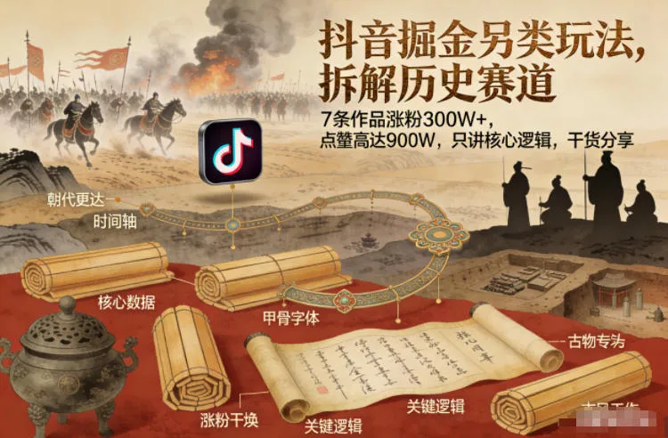 抖音掘金另类玩法，拆解历史赛道，7条作品涨粉300W+，点赞量高达900W，只讲核心逻辑，干货分享-706资源网