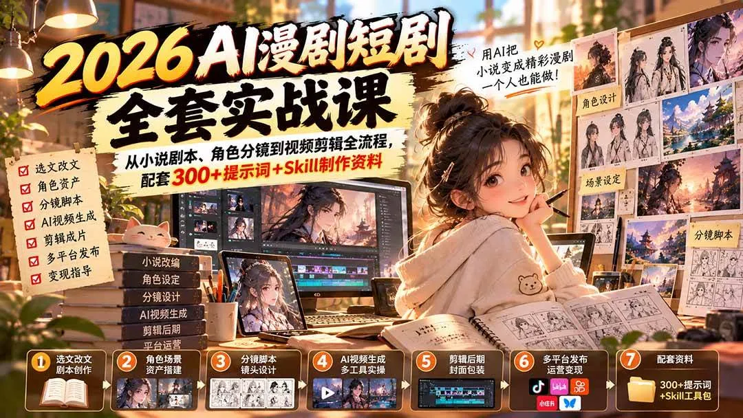 （20629期）2026AI漫剧短剧全套实战课：从小说剧本、角色分镜到视频剪辑全流程，配套300+提示词+Skill制作资料-706资源网