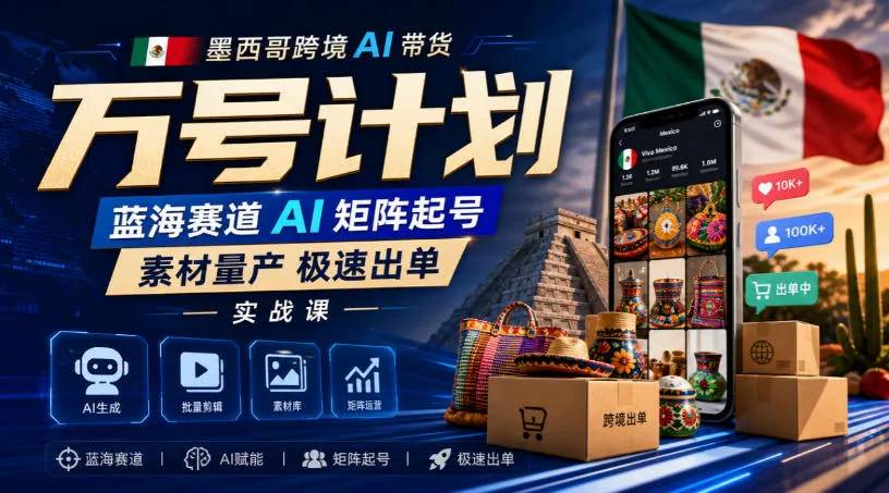 墨西哥跨境AI带货万号计划，蓝海赛道AI矩阵起号，素材量产极速出单实战课-706资源网